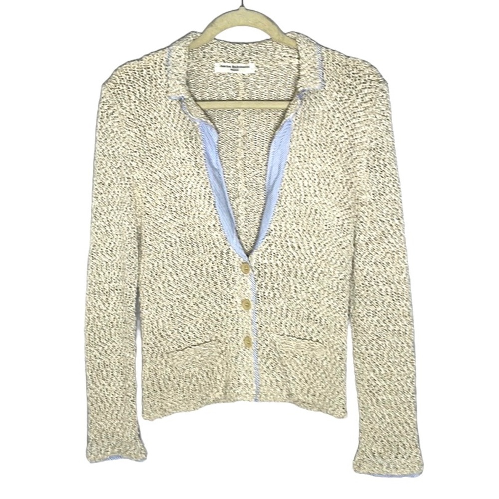 AMINA RUBINACCI LOOSE KNIT COTTON LINEN BLEND CARDIGAN W/ SUBTLE MOCK SHIRT SZ M